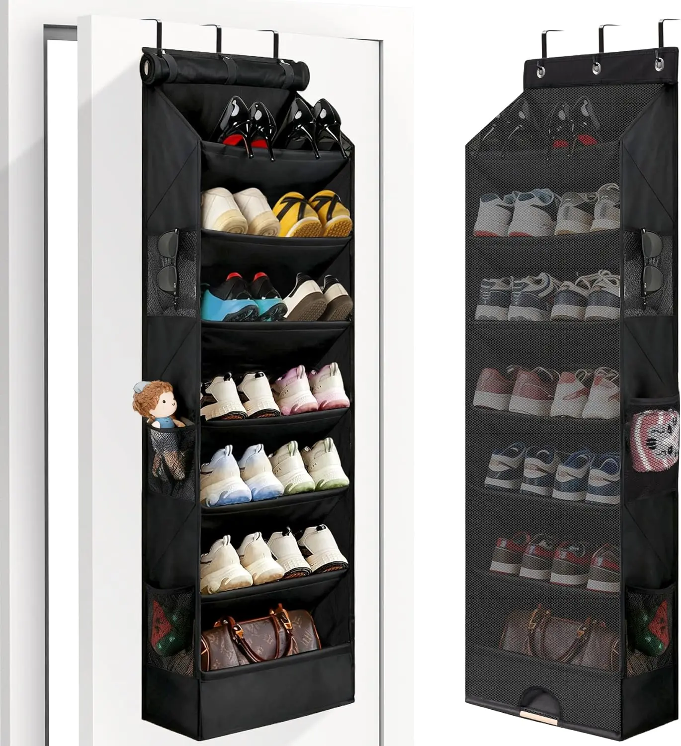 

7-ярусный органайзер для обуви на дверь, подвесная полка для обуви в шкаф с пылезащитной сеткой и 6 боковыми карманами, для установки за дверью