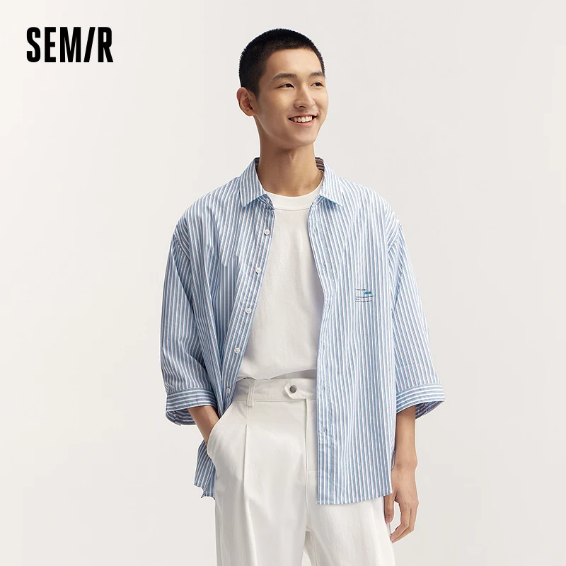 Semir Mid-Sleeve Shirt Men Autumn Print Chinese Style Top Classic Color-blocking Stripe Loose Commuting Casual Wear