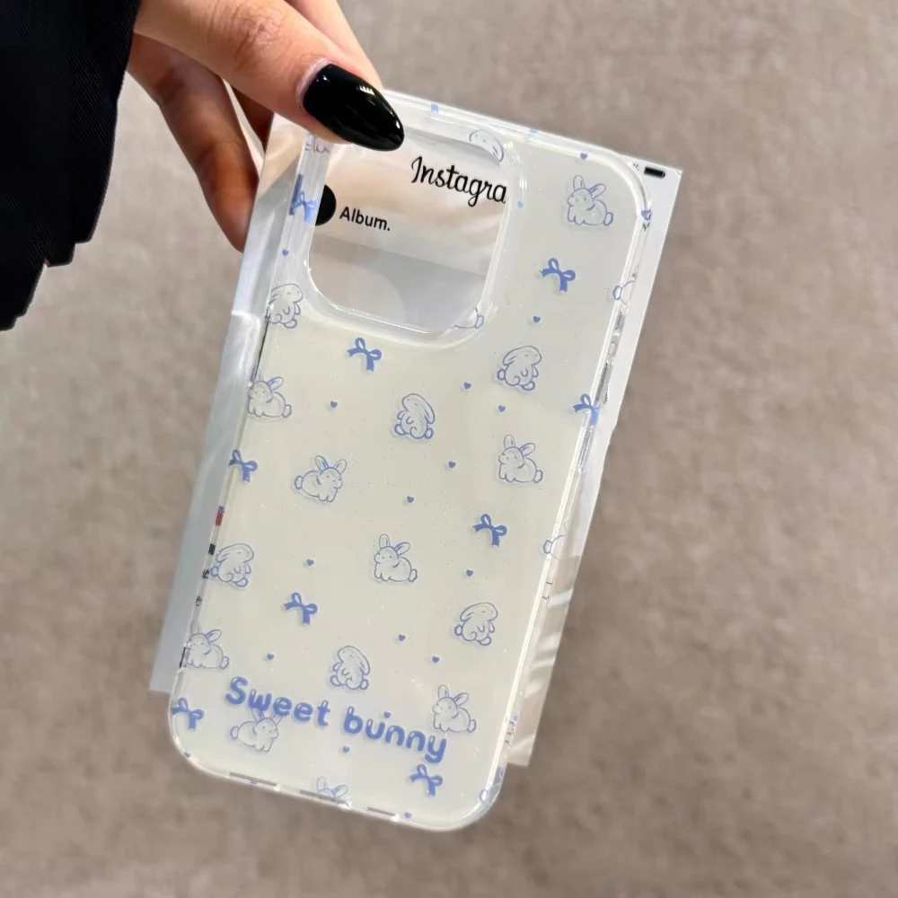 Чехол для телефона Kawaii Cartoon Lines Bunny Bowknot Love для iPhone 16 ProMax 15 14 Plus 13 12 11 Pro, противоударная силиконовая задняя крышка
