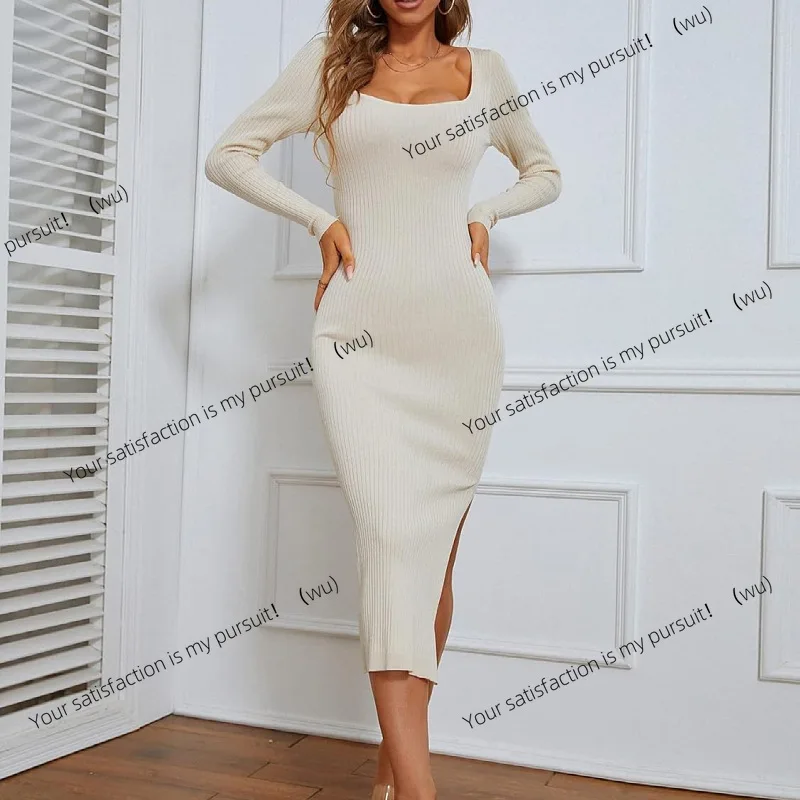 

Осенне-зимняя юбка на бедрах, женская одежда, сексуальное и тонкое трикотажное платье с длинными рукавами и разрезом, женское