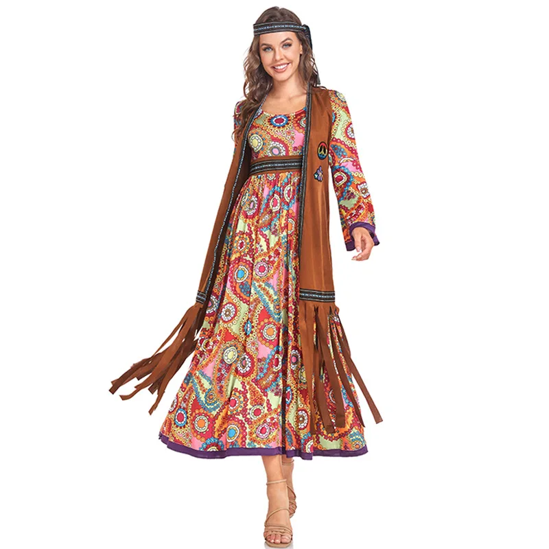 Halloween Boho Print Kleid Rollenspiel Kostüm 70er Jahre Disco Hippie Stamm Cosplay Bohemian Style Kostüm cos Hot Girl Kleid