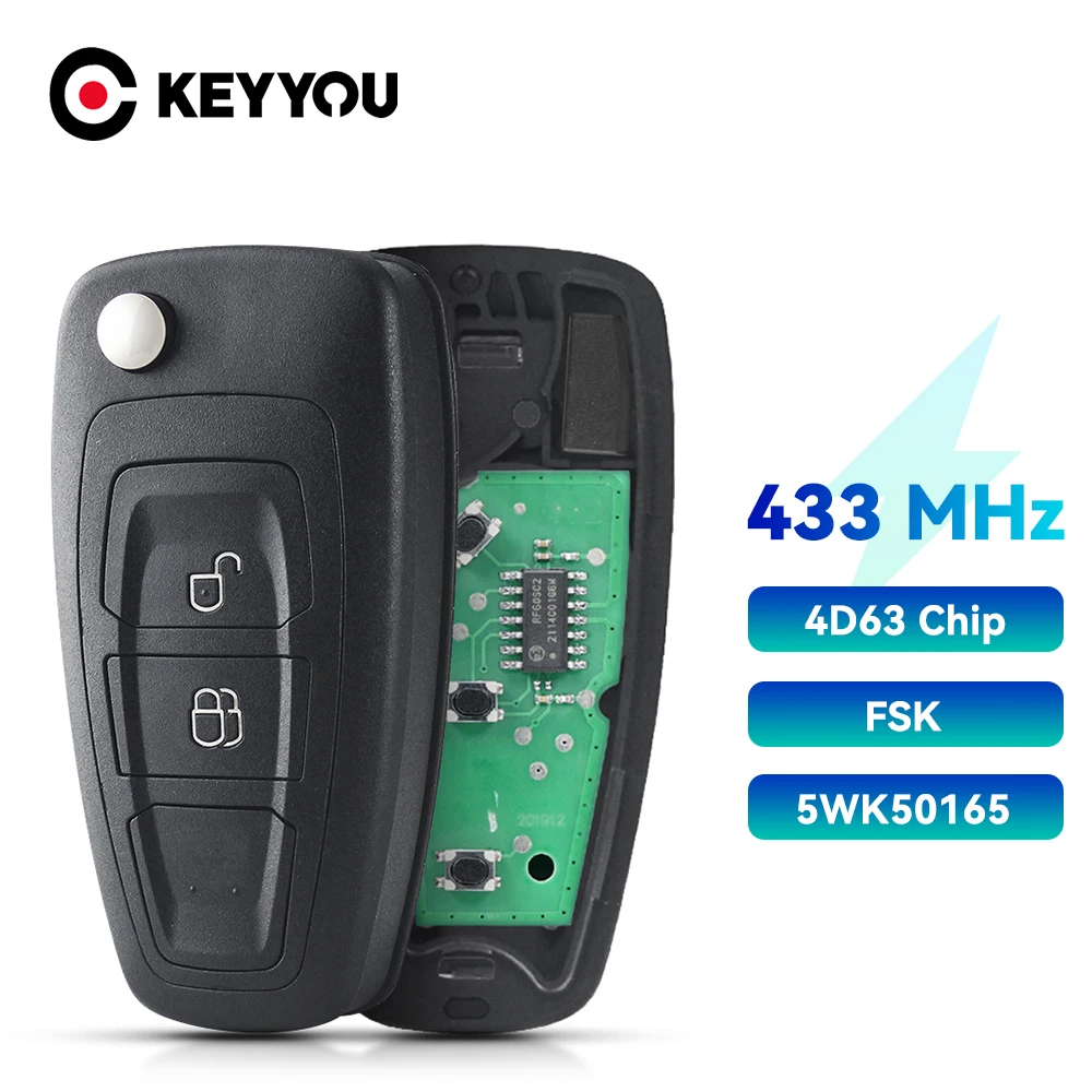 

KEYYOU Remote Car Key Fob For Ford Ranger 2015 C-Max Focus Grand Mondeo 5WK50165/5WK50166/5WK50168/5WK50169 4D63 433Mhz FSK 2B