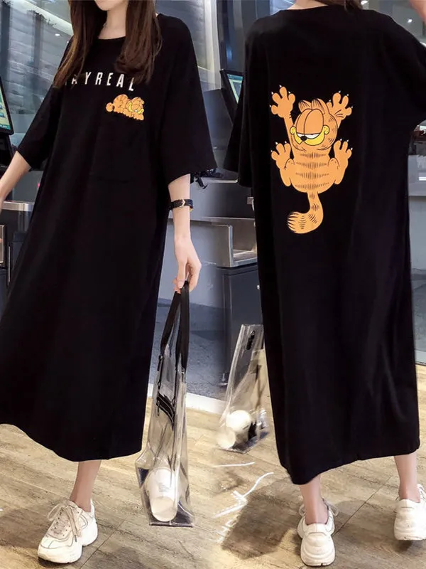 Grande taille femmes été coréen Sle ample longue t-shirt Dr genou longueur ventre couvrant ort Sve a-ligne Dr