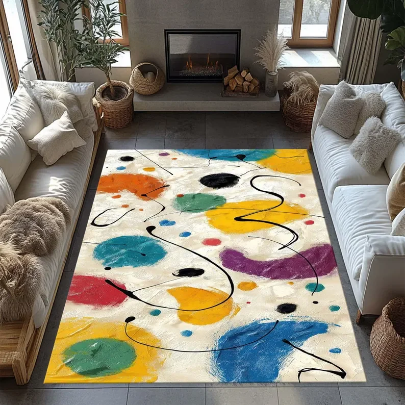 Bordered Area Rug Greek Key CarpetBohemian Decor Fringed Non-Slip MatMulti-Purpose Anti-Slip Abstract Geometric Home Carpet