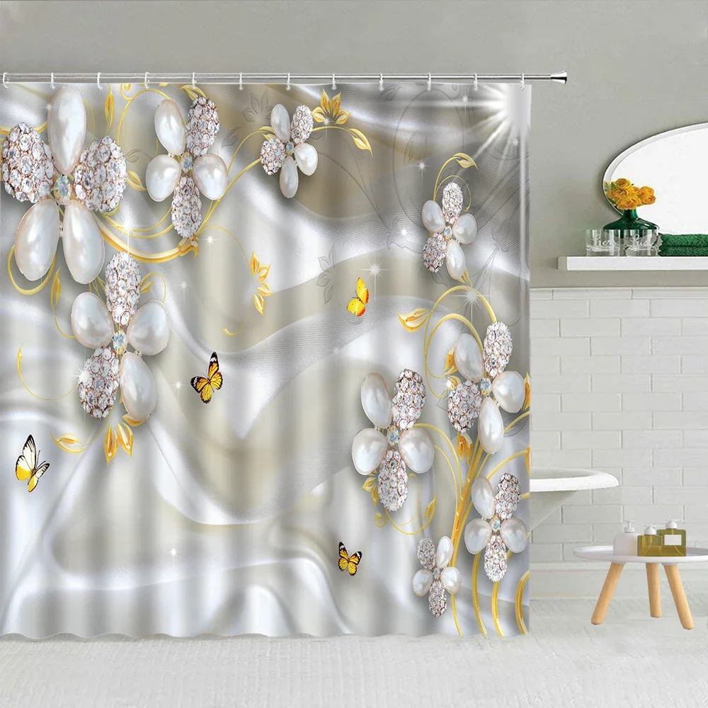 Pearl Diamond Flower Shower Curtain Luxury Jewelry Print Bathroom Decoration Women Waterproof Fabric Bathtub Screen with Hooks