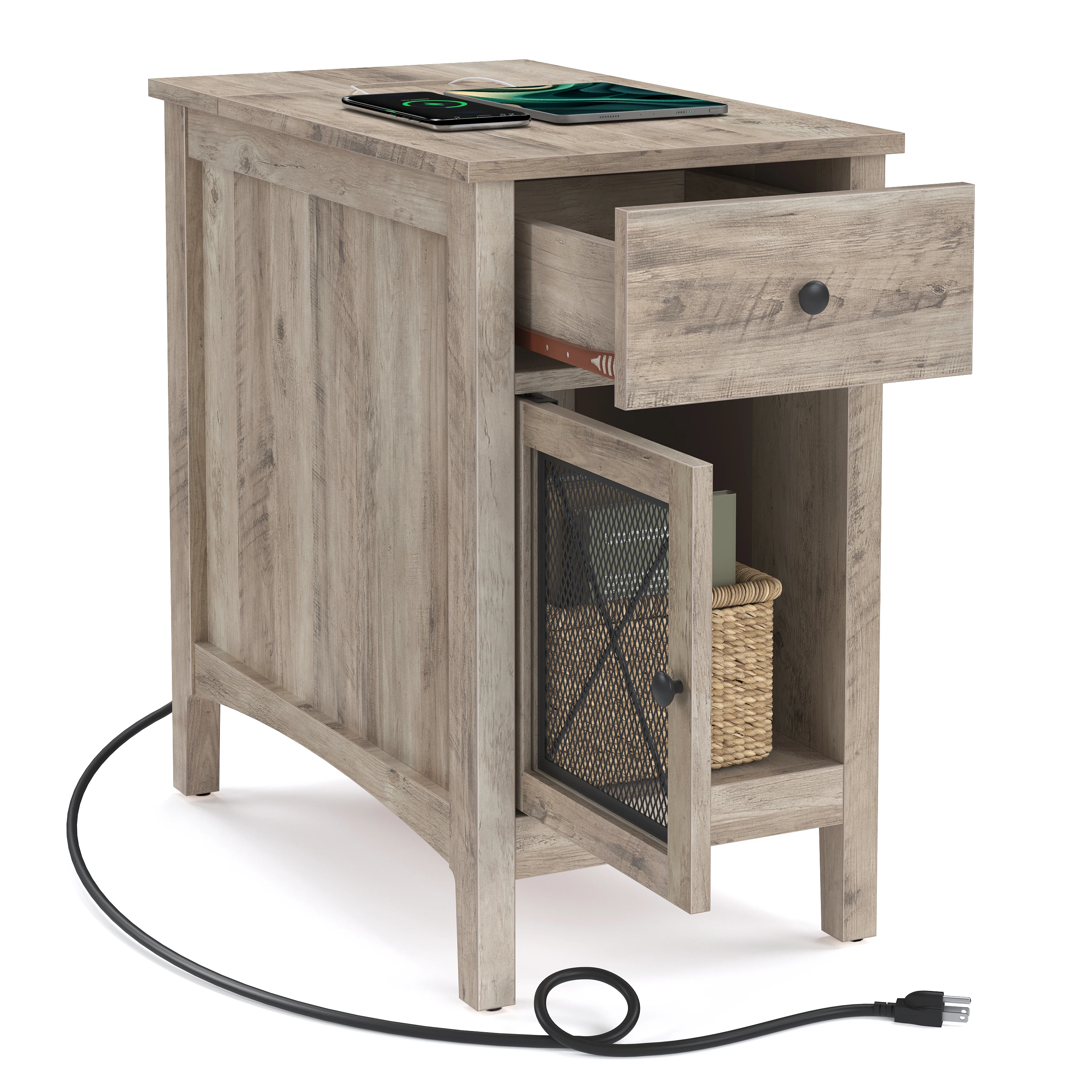 VASAGLE Side Table with Storage, End Table with USB Ports and Outlets, Nightstand with Charging Station, Drawer, Storage Cabinet