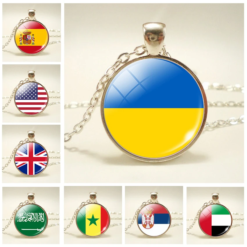 Ukraine Charm Necklace Spain UK USA Saudi Arabia Switzerland Turkey National Flag Glass Cabochon Pendant Necklace Jewelry Gift