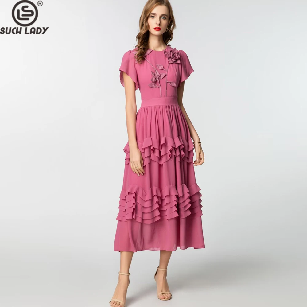 

Women's Dress O Neck Short Sleeves Ruffles Appliques Tiered Elegant Fashion Designer Vestidos