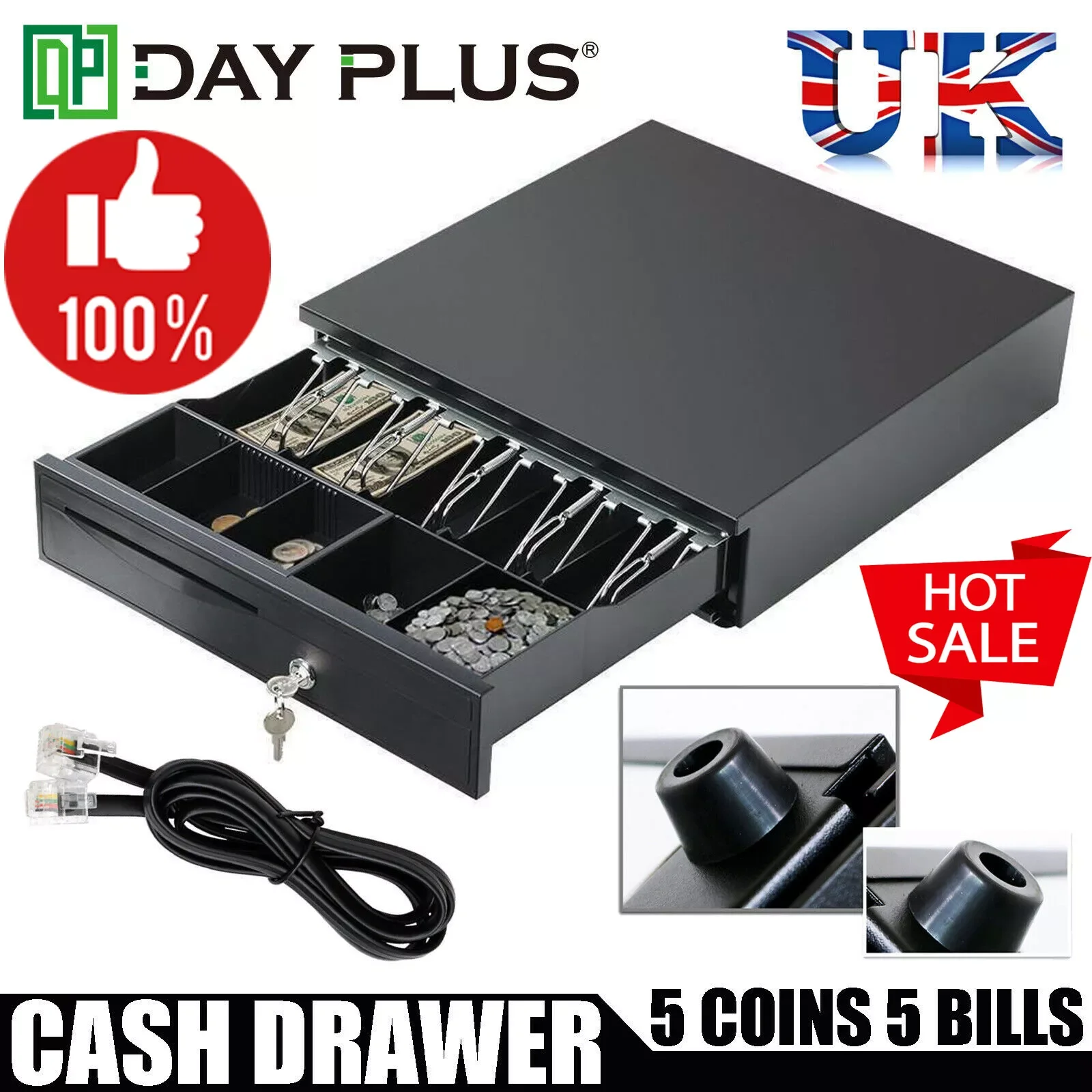 Cash Box Money Till Drawer with 5 Bill 5 Coin Removable Trays,Cash Register Drawer Auto Manual Open,Key-Lock RJ11 Cash Tray Till