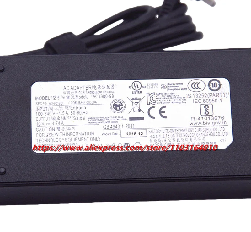 Original 19V 4.74A 90W PA-1900-98 AD-9019B BA44-00358A AC/DC Adapter Charger for Samsung Notebook 7 Force NP760XBE-X01US Latpop
