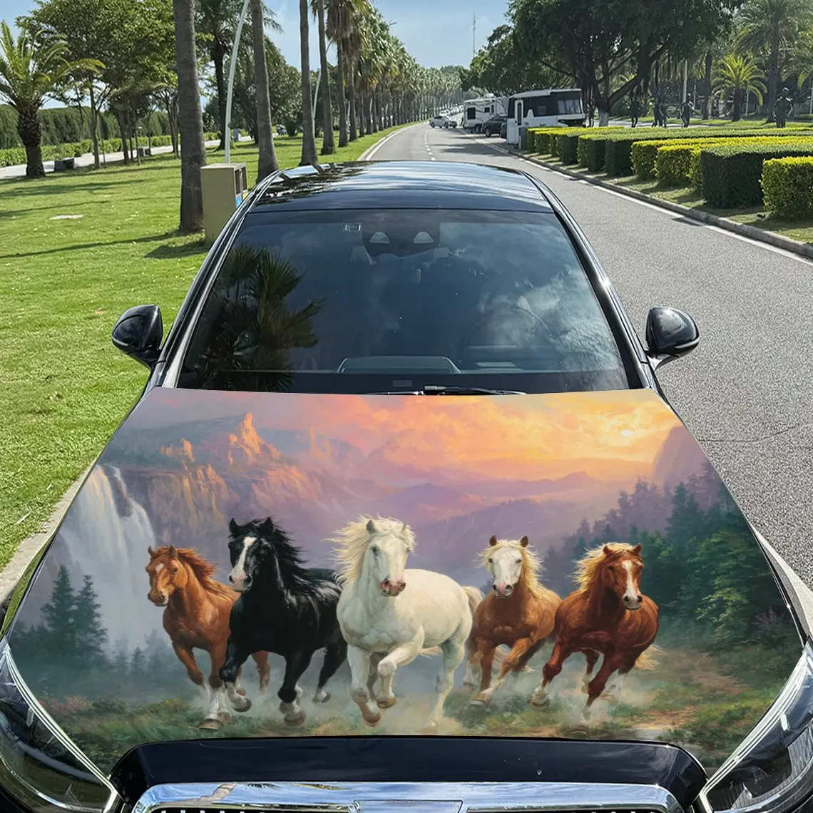 Car Decals Horses in Dynamic Running Pose with Scenic Backdrop Car Hood Sticker, Waterproof Self - Adhesive Vinyl Graphics Decal