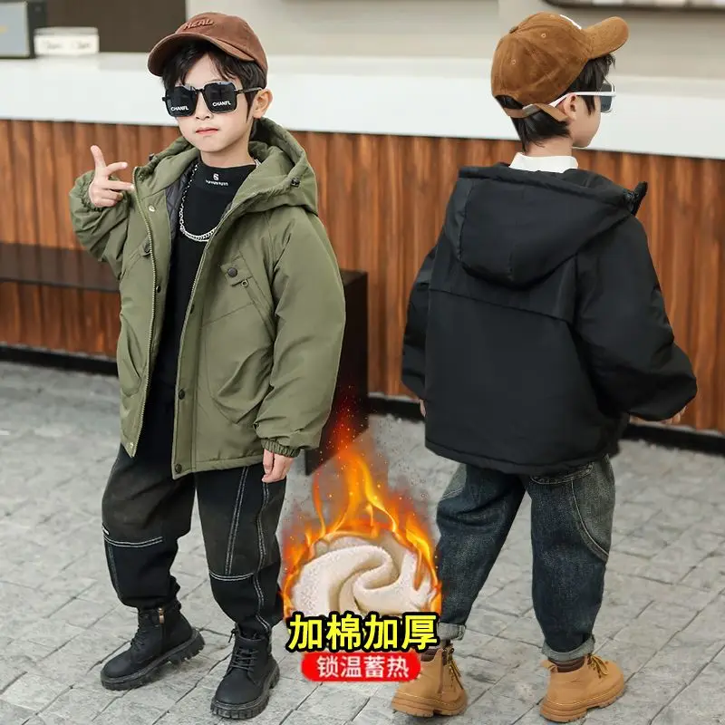 

New Winter Boys Jacket Solid Color Mid-Length Keep Warm Cold Protection Hooded Down Cotton Parka Coats Warm Jacket D04