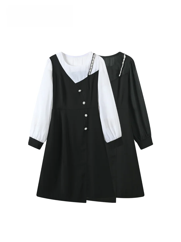 plus Size Casual Long Sve Dr Women Autumn Fro A-Line Skirt Padded Chest Puff Sve round Ne Single Button Fastening