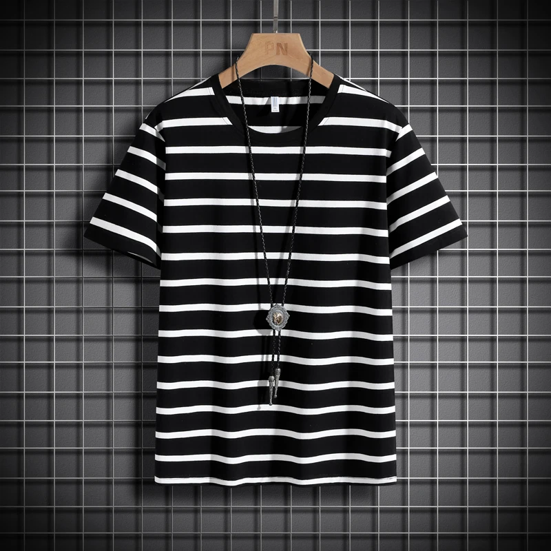 

Базовая летняя свободная футболка в полоску, повседневная мужская одежда с коротким рукавом, корейские прямые пуловеры контрастных цветов с круглым вырезом
