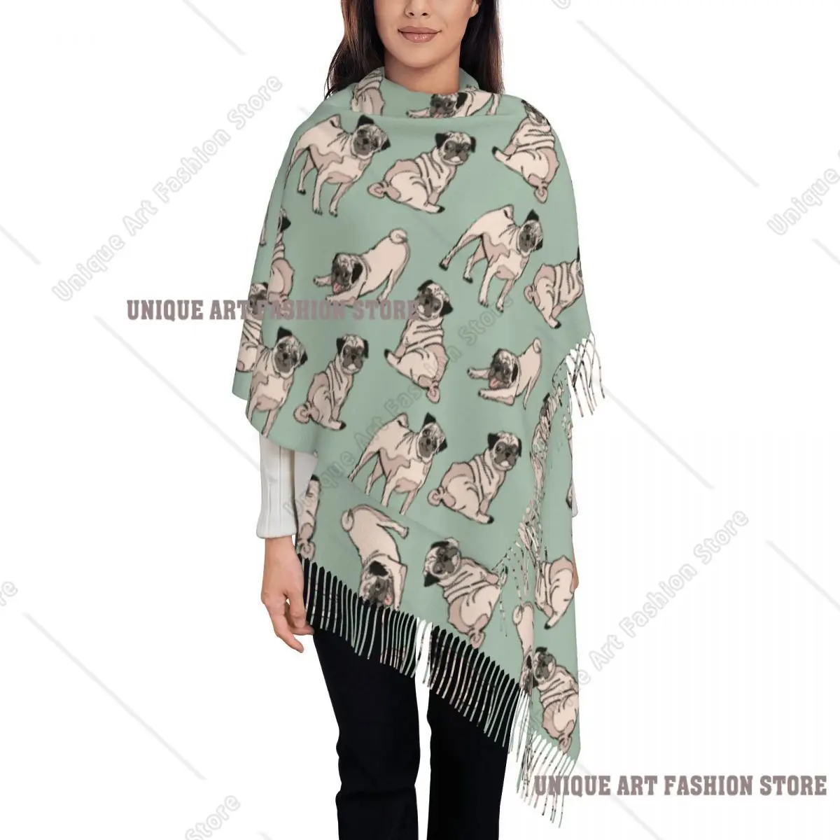 

Женский шарф с кисточками, милая собака, мопс, большая зимне-осенняя шаль и накидка для любителей собак, подарки для животных, кашемировый шарф