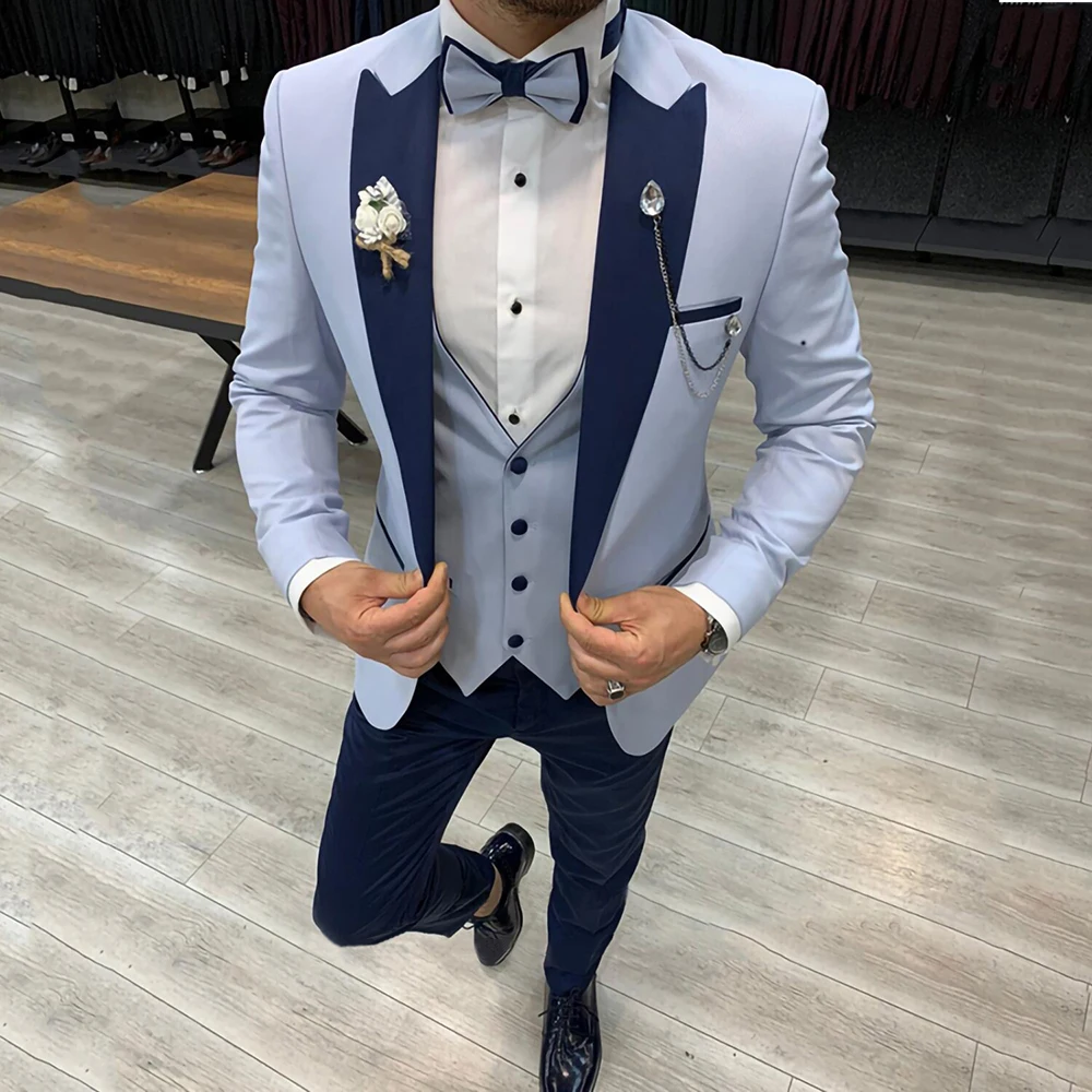 

Mens Suits Fashion Light Blue Wedding Groom Tuxedo Male Slim Fit 3 Piece Set Formal Business Peaked Lapel Blazer