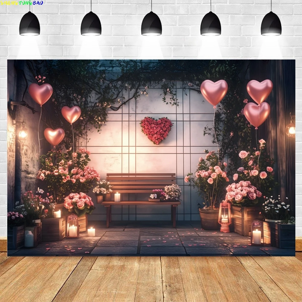 Romantic Valentine's Day Theme Photo Background Flowers Love Hot Air Balloon AI Scene Wedding Party Photography Backdrop Props
