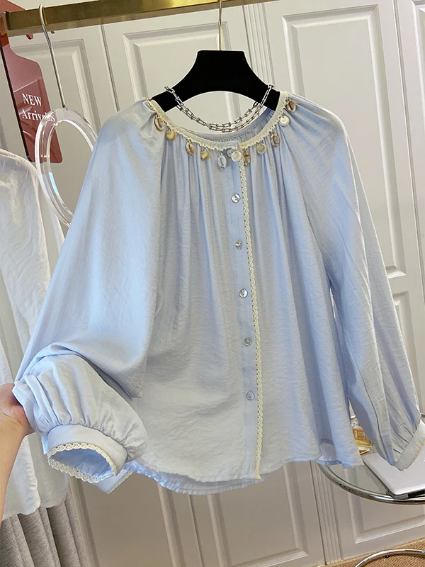 

Lace Collar Loose Women's irt Gentle Sle Splicing Soft Wind Spring Summer Casual Long Sve Pure Color Petal Collar