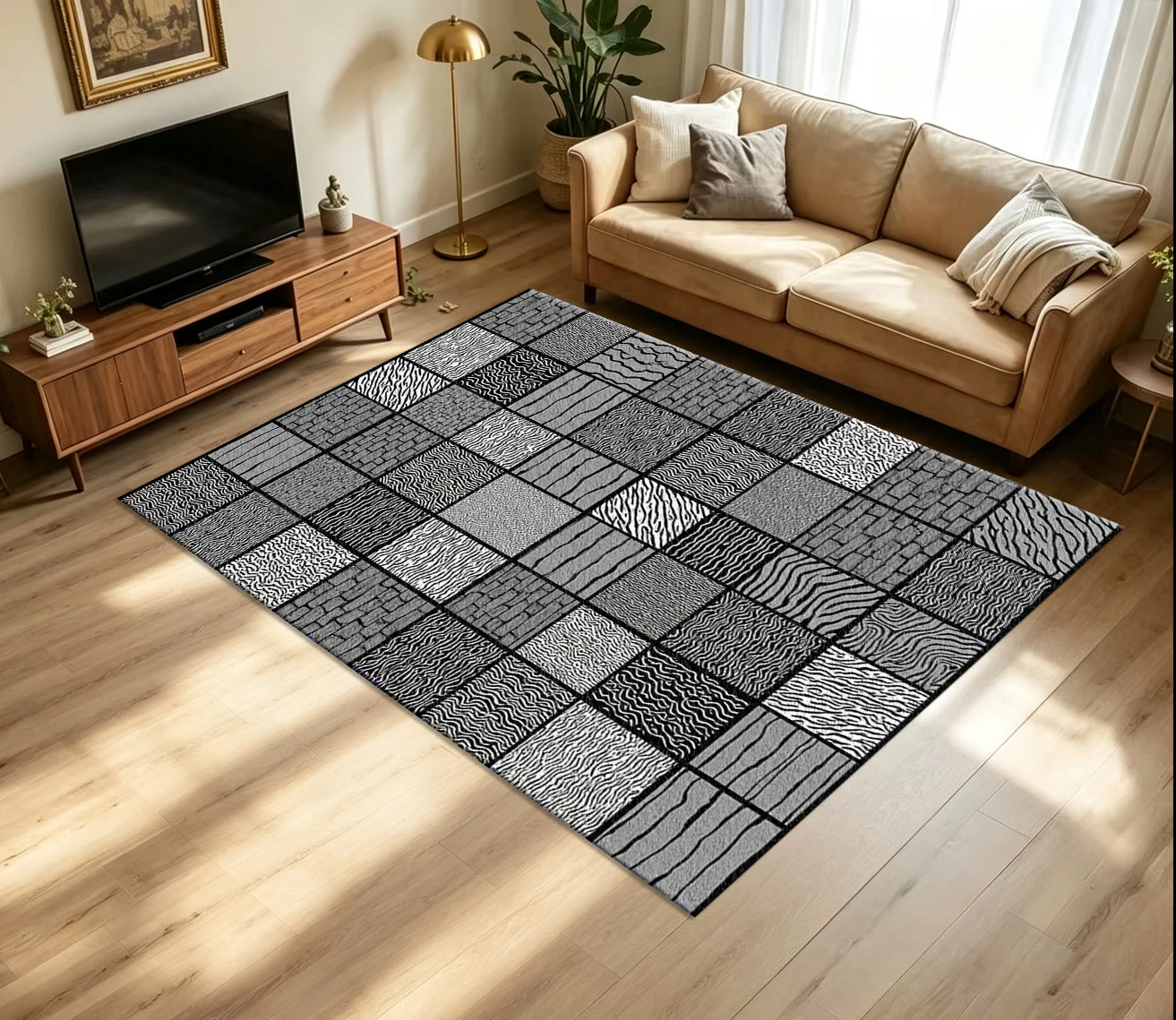 Mixed Texture Patchwork Grid Carpet Flooring Black Grey Wood Grain Wavy Striped Spliced Art Pattern Printed Floor Rug for Household Indoor Industrial Style Home Decor
