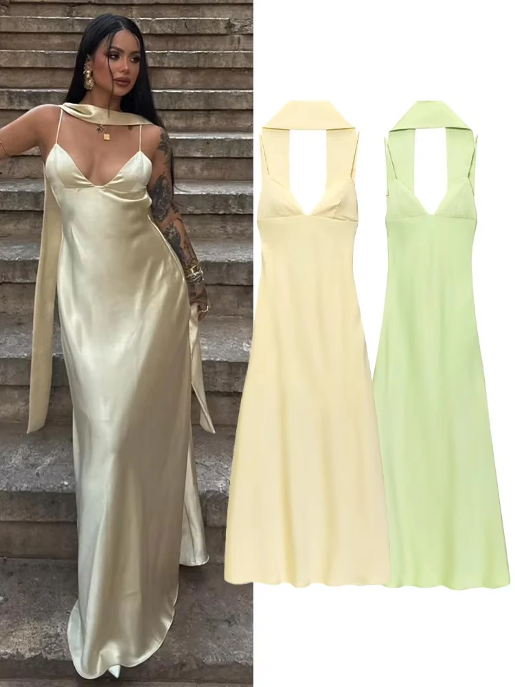 

HH Woman's Elegant Sleeveless Solid Thin Scarf Decoration Dress Female V-Neck Sexy Dresses Summer Fashion Sling Long Dress
