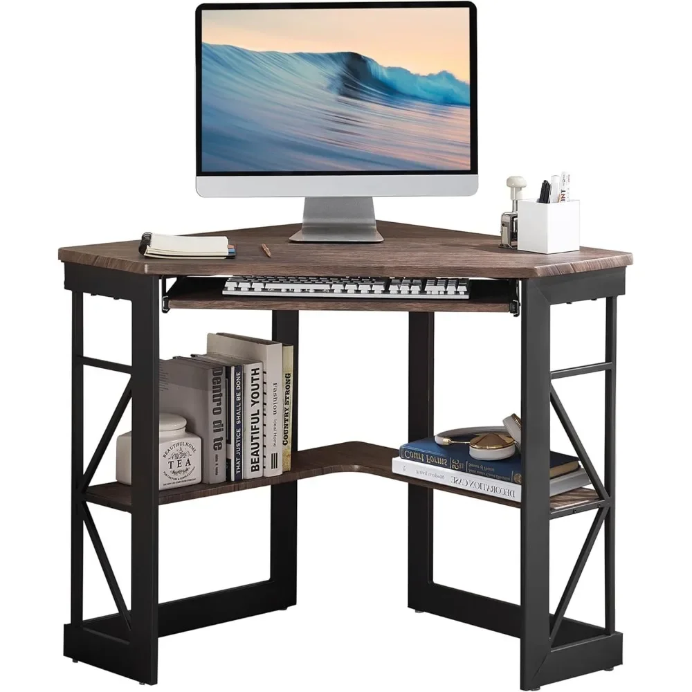 Mesa do computador de canto com teclado liso, prateleiras de armazenamento para escritório doméstico, estação de trabalho, marrom rústico, 42x30 pol