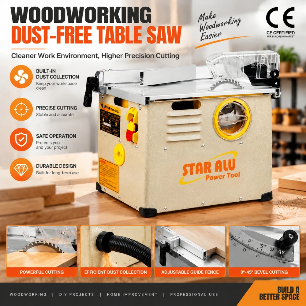 Dust Free Table Saw Built In Dust Collection Woodworking Circular Cutting Machine Adjustable Guide Fence Portable Power Tool