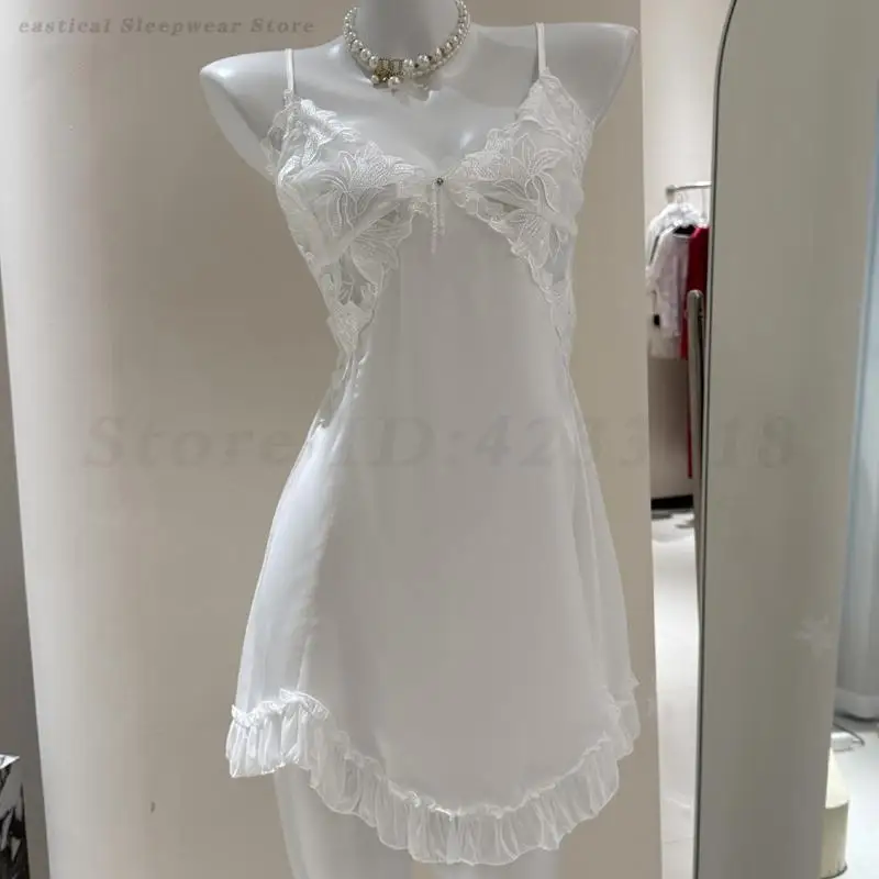 

Summer New Female Nightgown Intimate Lingerie Sexy Lace Chemise Sleepwear Nightdress Silky Satin Nightwear Home Wear Loungewear