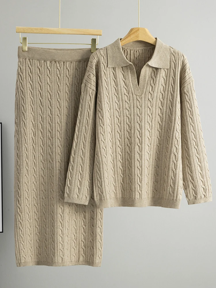 Fashionable Knitted Sweater And  Skirt Two-Piece Set for Women Autumn Winter V-Neck Slimming Twist Design Casual Wear