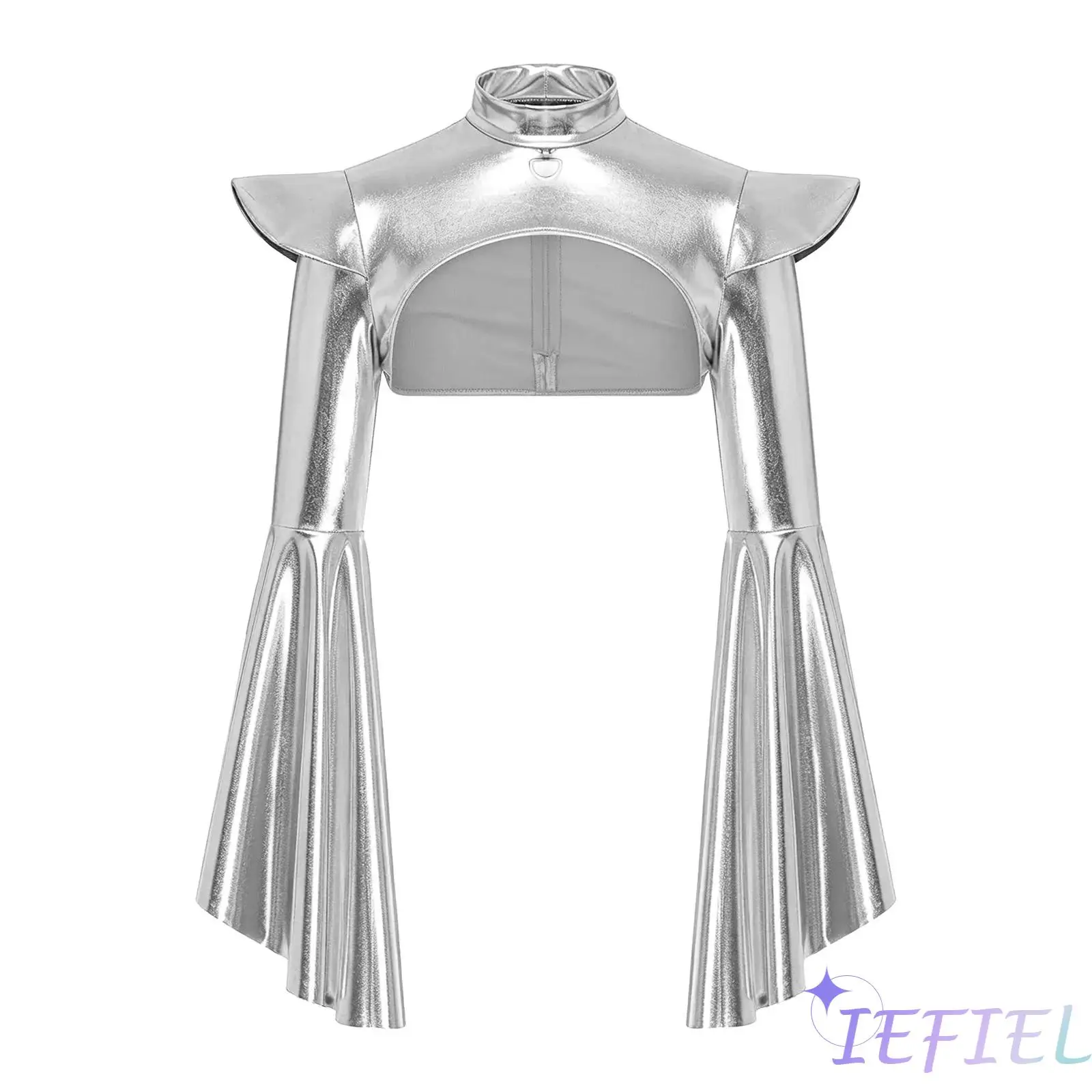 Women Gothic Metallic Shrug Split Flared Sleeve Mock Neck Back Invisible Zipper Jazz Crop Top for Halloween Role-playing Party