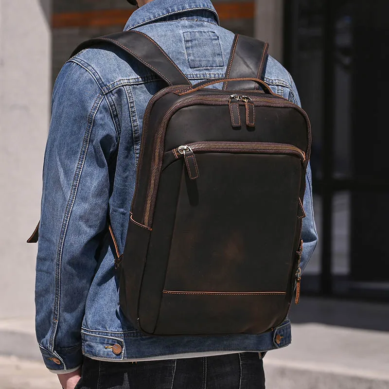 

Men's Crazy Horse Leather Backpack 15.6 inch laptop Retro Rucksack Large CaPacity Travel Backpack Big Male Computer Bag