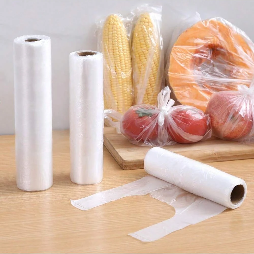 100pcs/roll Transpare Plastic Bags for Fresh-keeping Kitchen Fruit Vegetables Packaging Bags Disposable Wrap Bag with Handle