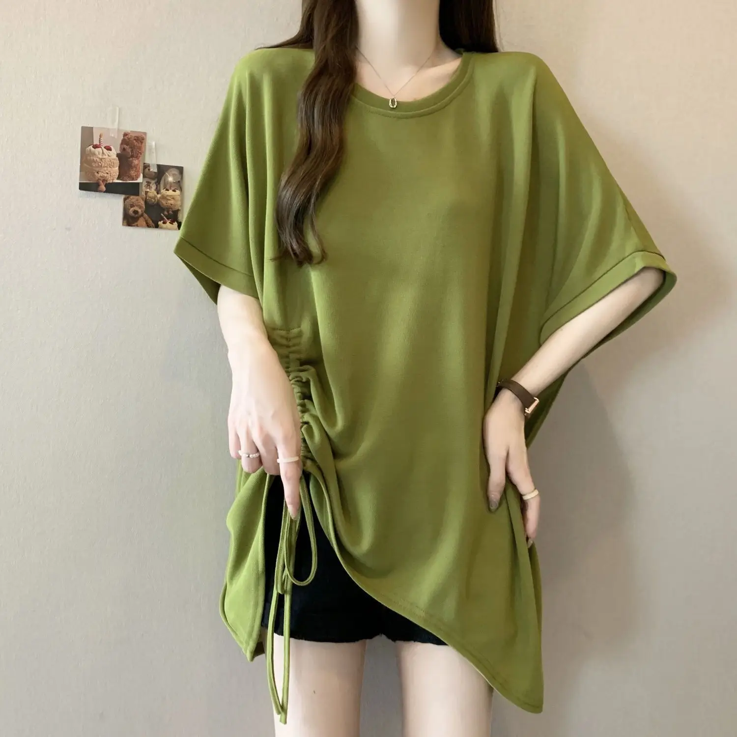 Large Size Women's Clothing Design Sense Drawstring Short-sleeved T-shirt Women's Summer New Solid Color Loose and Thin Top