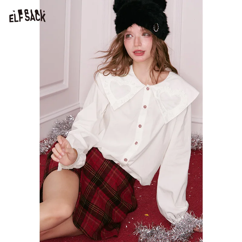 

ELFSACK Women's Long Sleeve Blouse Korean Style Heart Collar Loose Fit Sweet Preppy Versatile Cotton Blend 4-Season Loose Fit