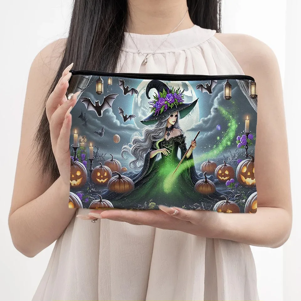 Halloween Witch Cosmetic Bag Pumpkin Bat Moon Print Zipper Makeup Pouch Women Travel Toiletry Storage Organizer Bag
