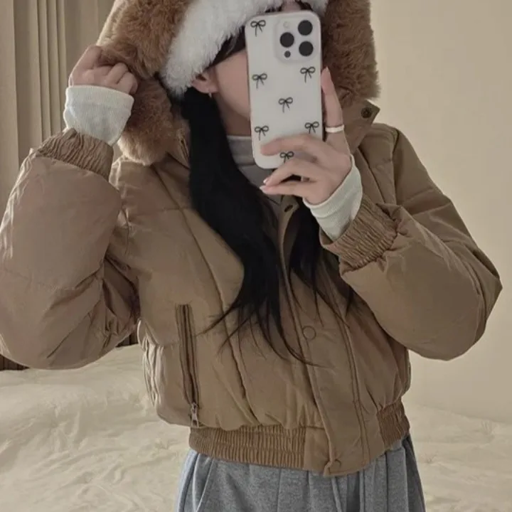 

Chic Autumn Winter Hooded Bread Coat Fur Collar ort Faion Thiened Warm Fce Cotton Jaet Long Sve Outerwear