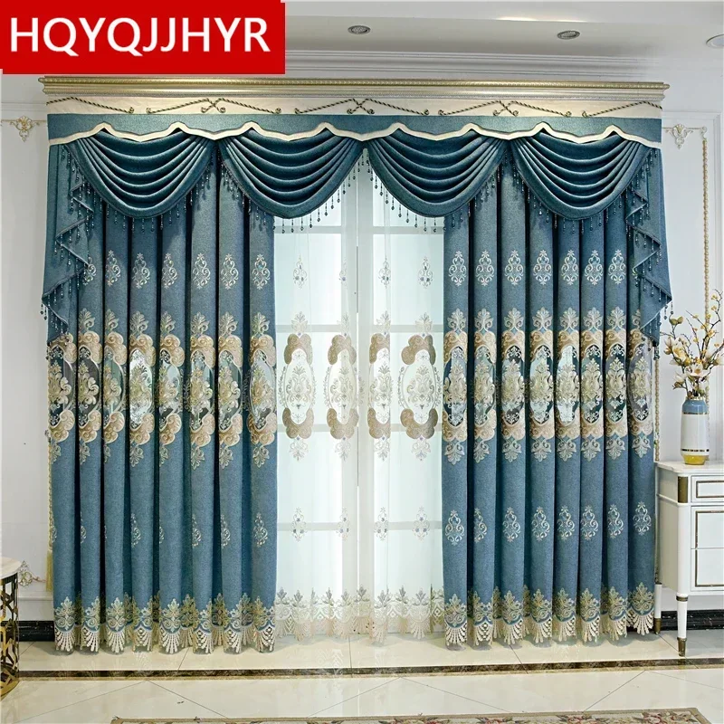Luxury European Blue Embroidered Villa Living Room Curtains High Quality Elegant Apartment Bedroom Hotel Custom Curtains