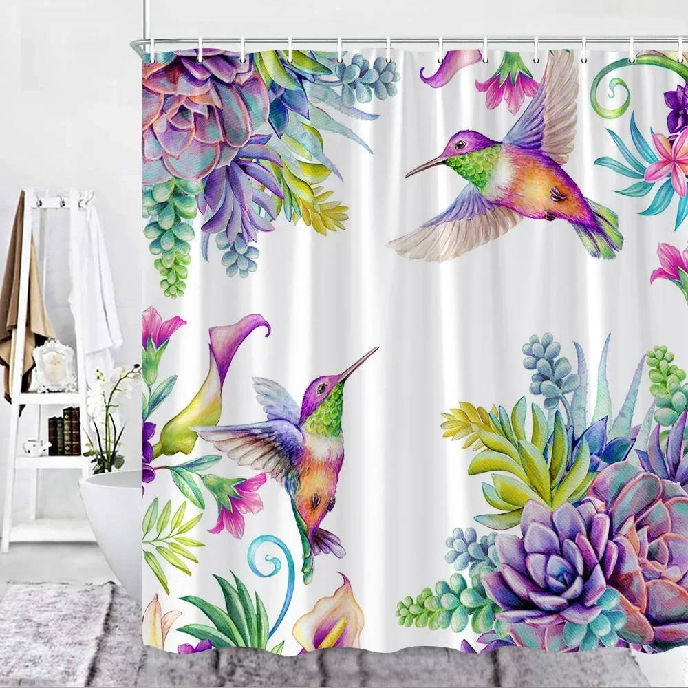 Kolibri Blumen Duschvorhang Aquarell Vogel Blume Home Badezimmer Dekor Polyester Stoff Badezimmer Vorhang Set Haken Waschbar
