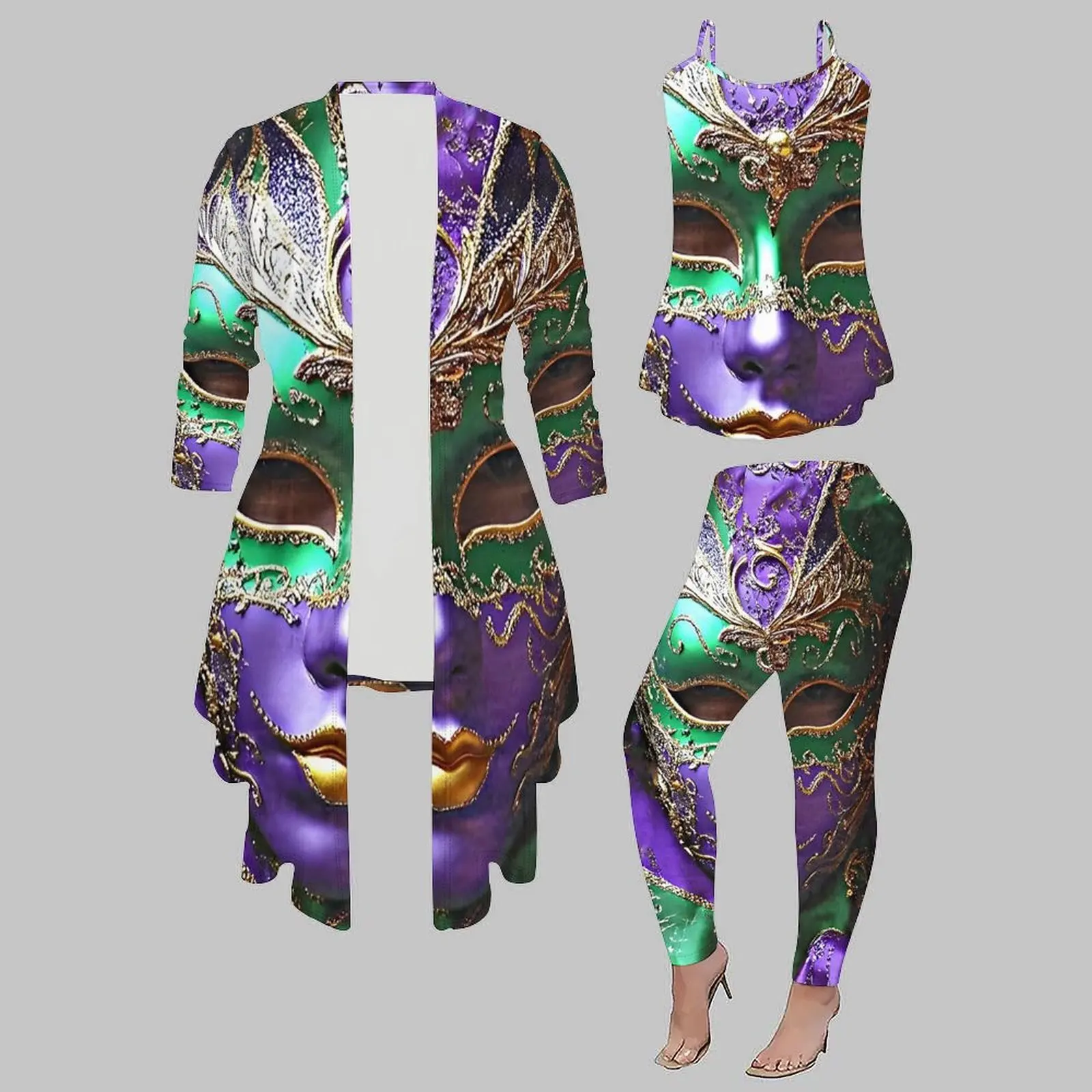 3pcs Women's Fashion Coat Daily Elegant Top Printed Tank Top Sports Pants Set Sexy Camisole Asymmetrical Hem Cardigan