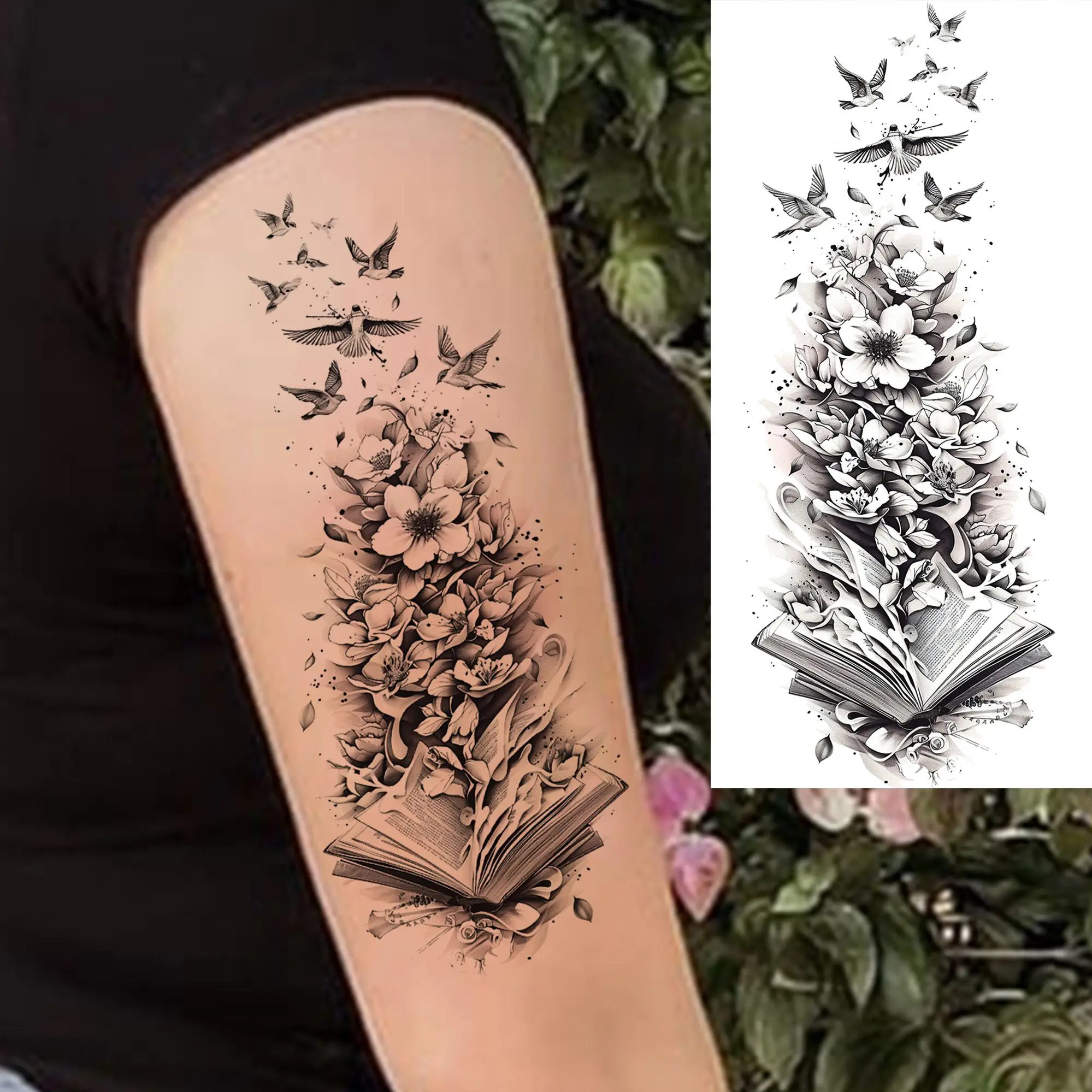 1 Sheet Flying Birds Flowers Book Temporary Tattoos For Women Waterproof Realistic Floral Animals Fake Tattoo Sticker Last Long