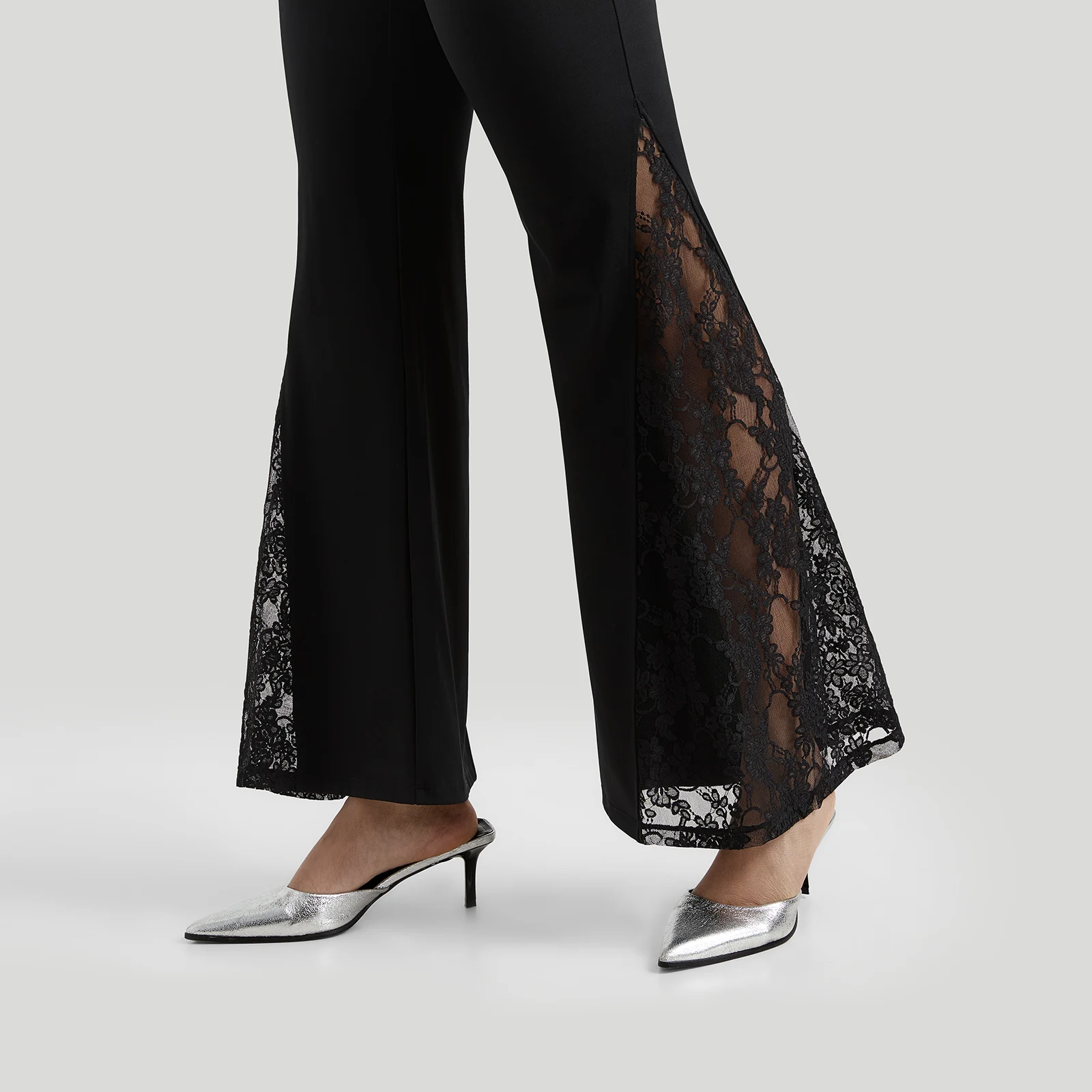 Women Punk Sexy See Through Lace Patchwork Flare Pants Streetwear High Waist Wid Leg Vintage Trousers Y2k Pants Female