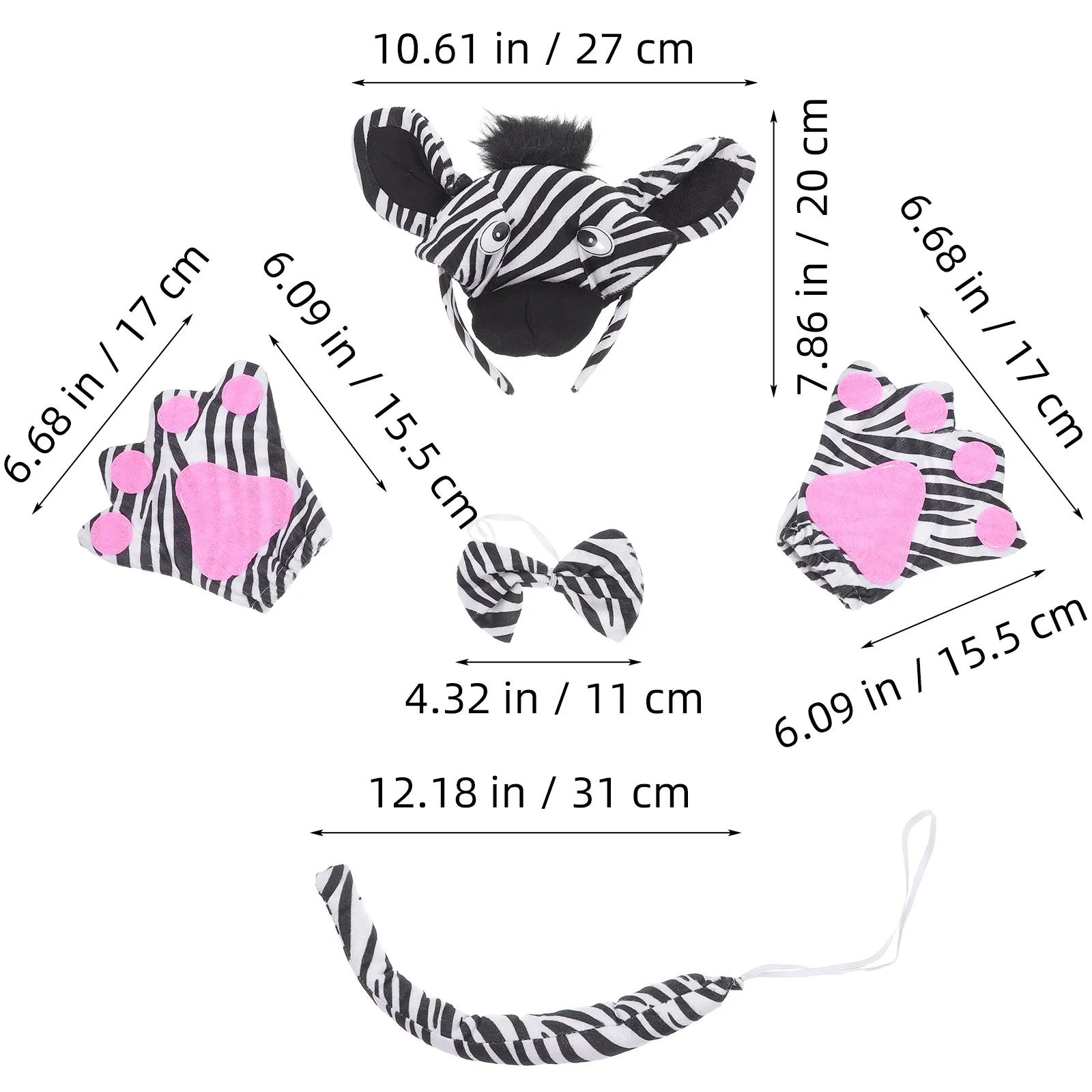 1 set set di costumi zebrati fascia per bambini guanti con papillon coda animale festa di Halloween accessori cosplay per bambini set cosplay di animali