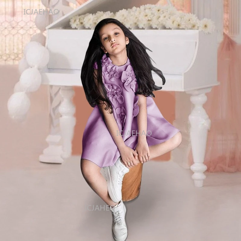 

Party Dress Children European Style Girls Princess Dresses Costumes Gown Vestido Luxury Outfits Kids Purple 3D Floral Birthday
