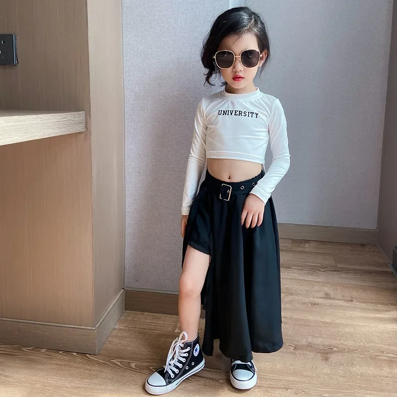 Korean Streetwear Black Chiffon Midi Skirt Slit Irregular High Waist Baby Girls Kids Clothing Party Show Long Skirts 3 To 12 Yrs