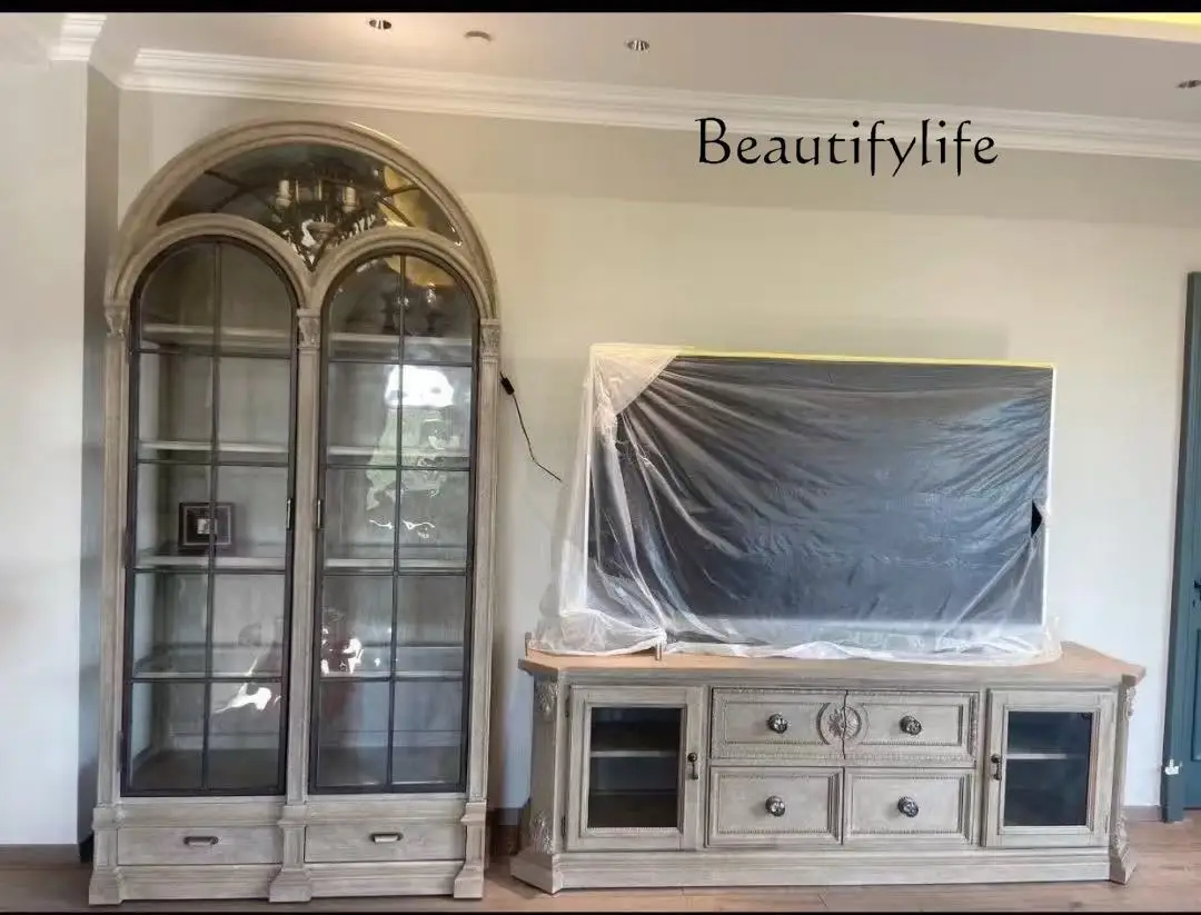 

NiCe Distressed Semicircle Arch ShowcaseAmerican Bookcase Mild Luxury Retro Sideboard Cabinet Renaissance Wine Cabinet