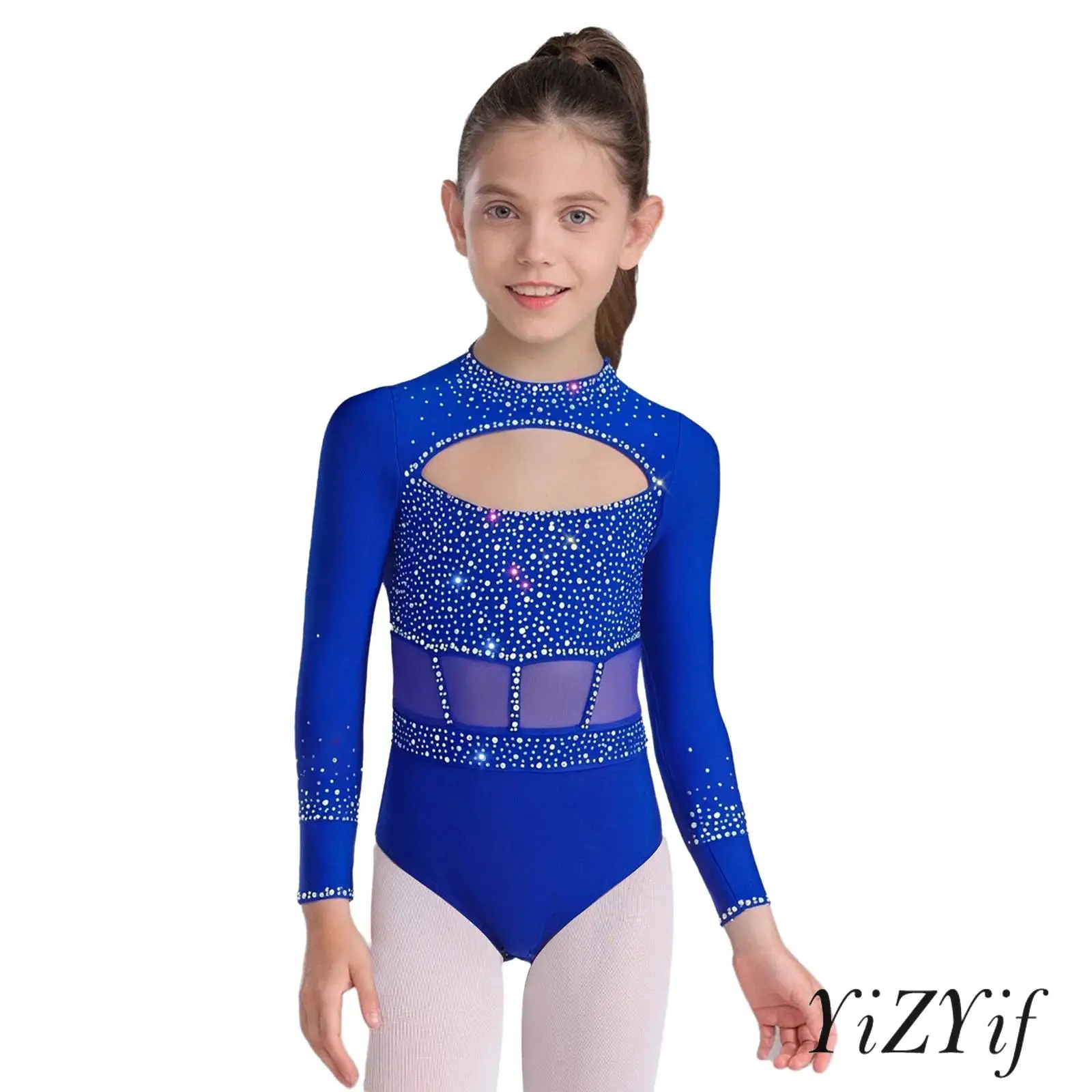 

Girls Shiny Rhinestones Gymnastics Dance Leotard Crew Neck Long Sleeve Cutout Front Dance Bodysuit Ballet Performance Dancewear