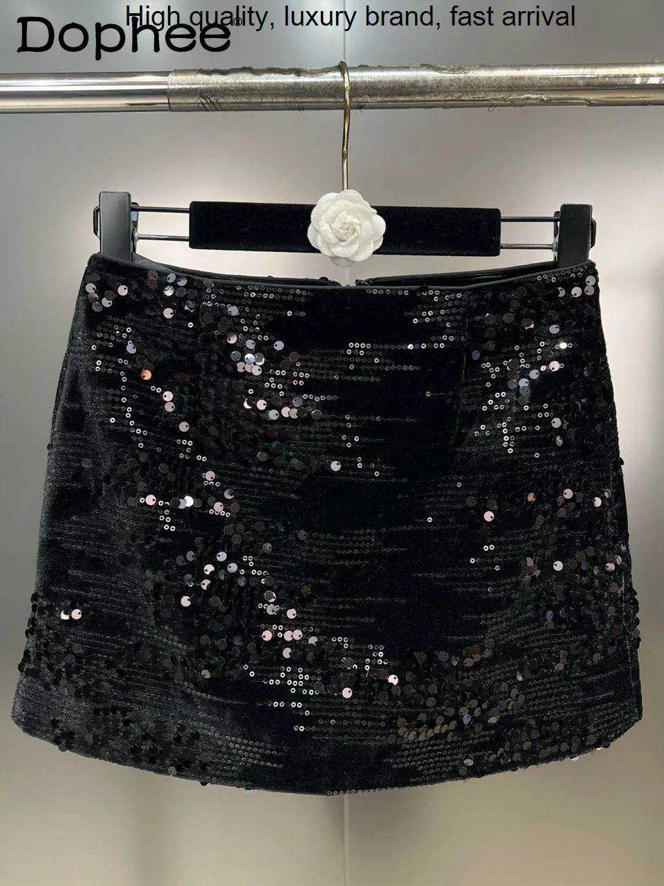 Summer 2023 Spring Shiny Sequined Decorative Black Short Women High Waist Slimming Velvet Hip Mini Skirt Female Nightclub