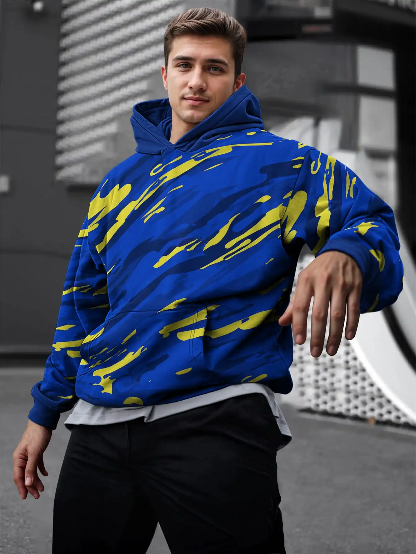 

Yellow ink splash style 3D print hoodie style marble pattern hoodie sweatshirt cool street style pullover hoodie top