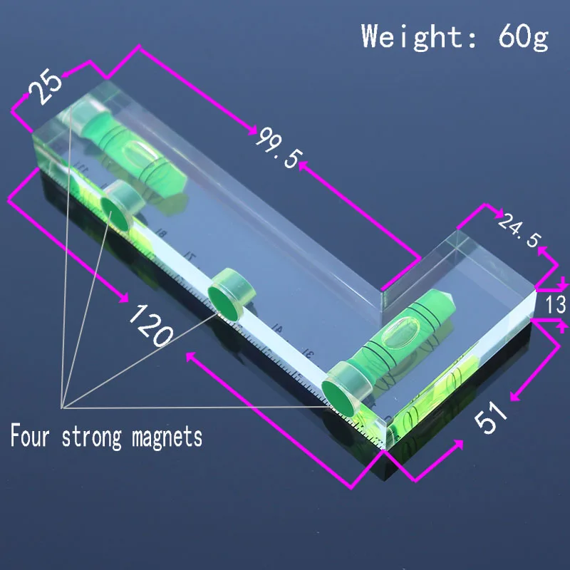 Strong Magnetic L-shaped Transparent Spirit Level Bubble Ruler Bidirectional Horizontal Tool Length 120mm 1Piece