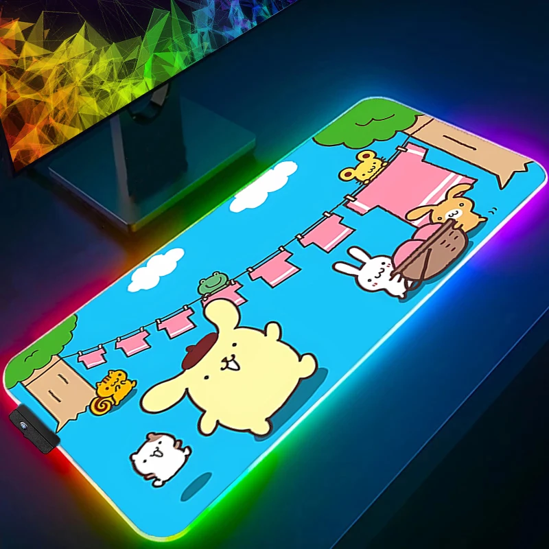 게이밍 RGB 마우스패드 폼폼푸린 백라이트 대형 컴퓨터 게이머 LED 마우스패드 귀여운 고무 잠금 엣지 게이밍 마우스 매트 XXL