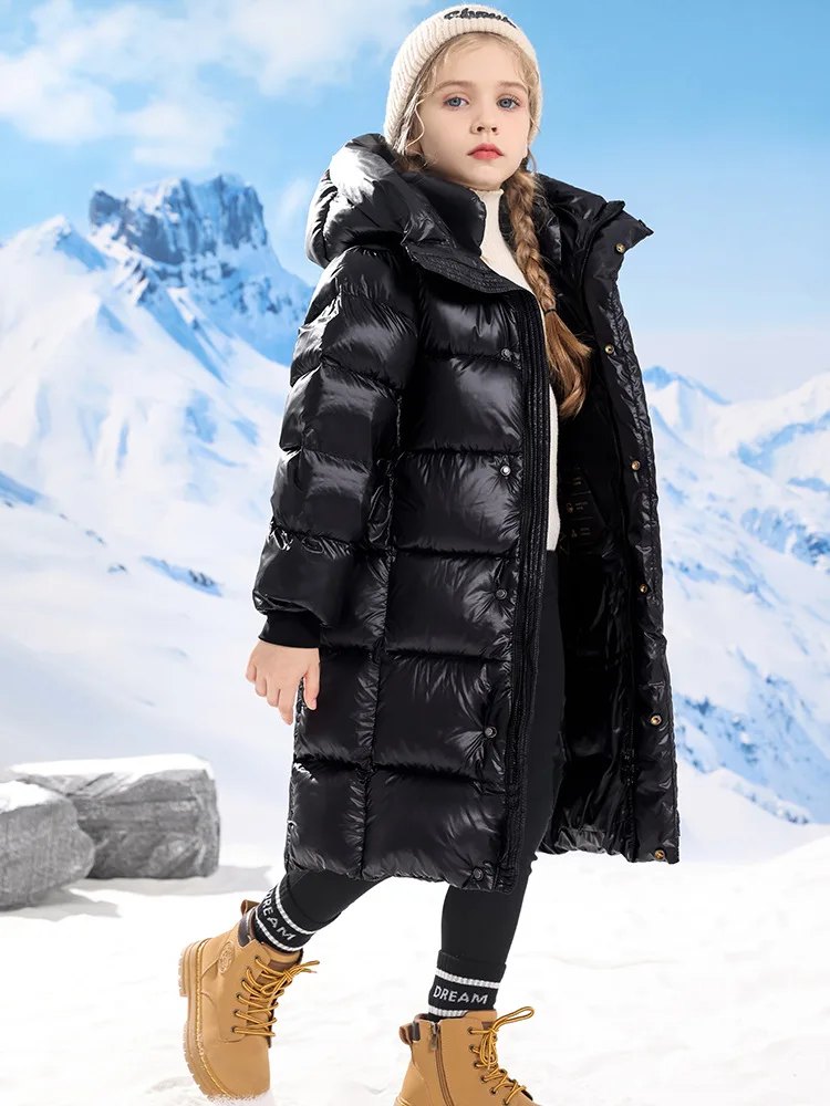 New Children's Long Black Gold Padded Down Jacket Over the knee Warm Padded Jacket for Boys and Girls in Winter